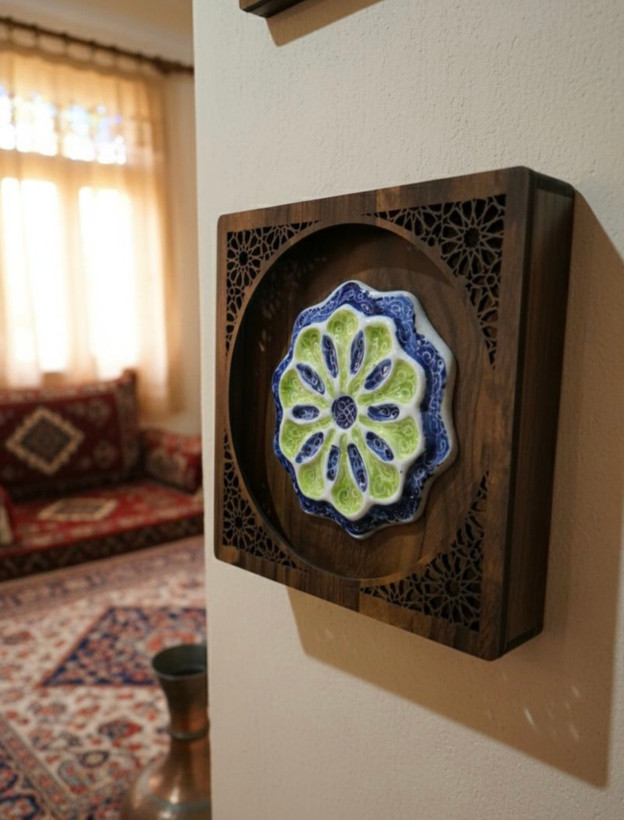 دیوار کوب سرامیکی طرح مینا با قاب چوبی اسلیمی