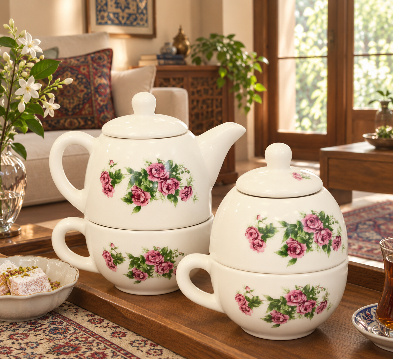 سرویس چای‌خوری سرامیکی دو نفره با طرح گل‌ سرخ