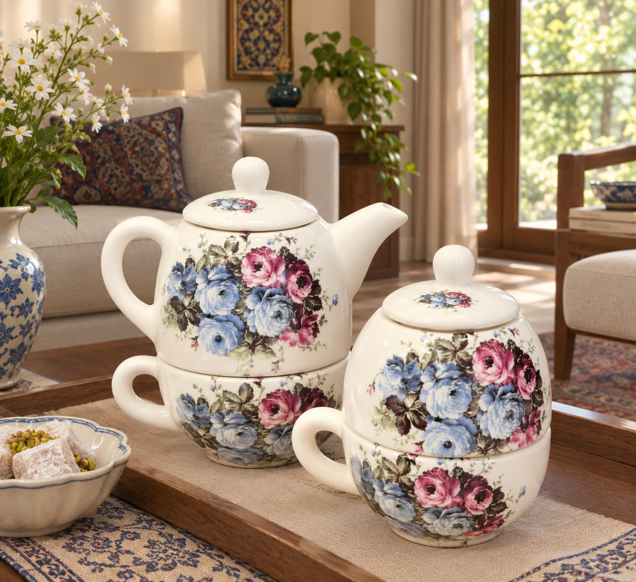 سرویس چای‌خوری سرامیکی دو نفره با طرح گل‌