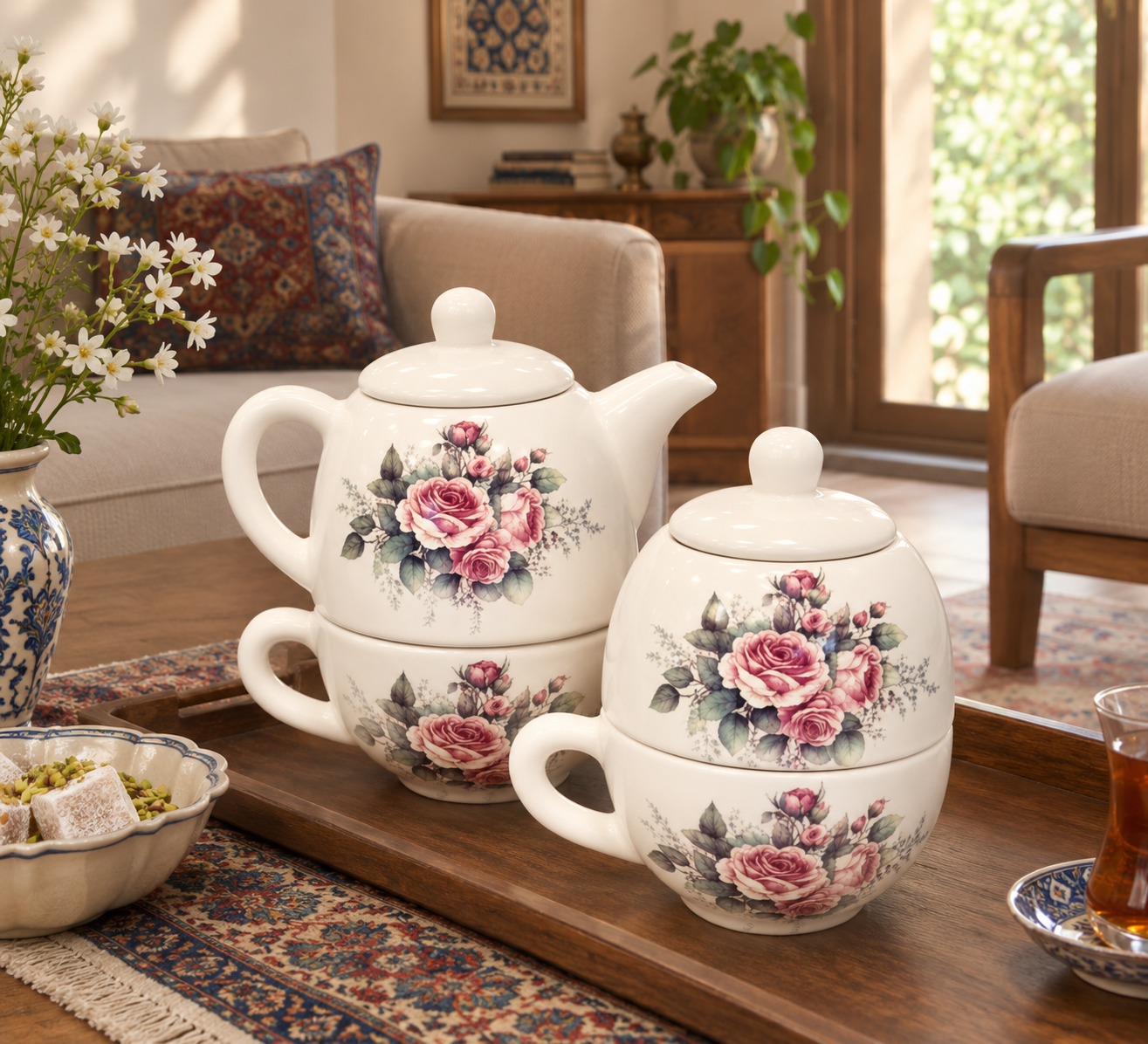 سرویس چای‌خوری سرامیکی دو نفره با طرح گل‌