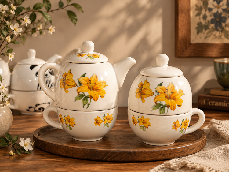 سرویس چایخوری سرامیکی دو نفره با طرح گل